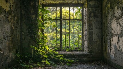 An abandoned jailhouse with cracked walls and overgrown vines creeping through broken windows