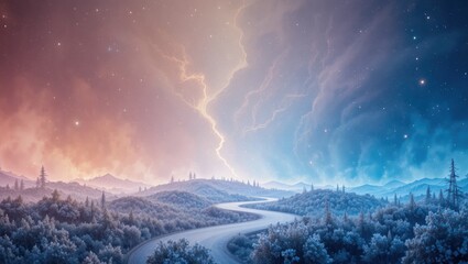 Breathtaking Twilight Landscape with Winding Road through Lush Mountains and Dramatic Sky