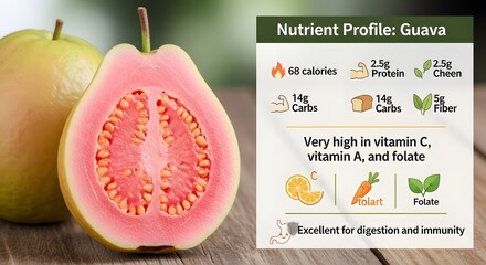 Guava Nutrient Profile Infographic Displaying Vitamins Folate Fiber Protein Carbs and Calories Tropical Fruit Excellent for Digestion and Immunity Health Benefits