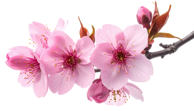 Pink blossoms on branch; flower petals and buds against dark