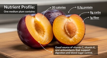 Fresh plum medium halved revealing pit and juicy interior nutrient profile information display showing calories protein fiber carbs vitamins K C antioxidants