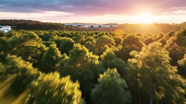 Drones fly over a forest at sunset, spraying something. Sun and sky glow