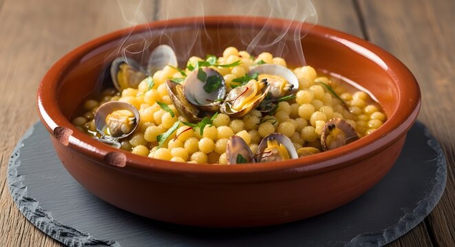 Delicious Fregola Sarda with Clams and Herbs in a Rustic Terracotta Bowl on Slate
