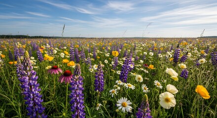 Vibrant summer meadow abundant purple lupine white daisies yellow poppy flowers stretching horizon bright blue sky fluffy clouds expansive flowering field natural background