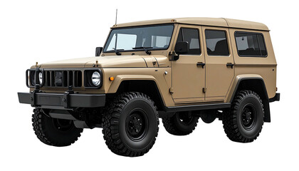 Tan off-road four-door, black wheels, boxy, rugged design