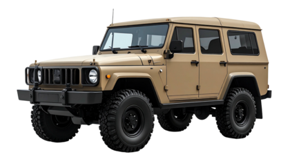 Tan off-road four-door, black wheels, boxy, rugged design