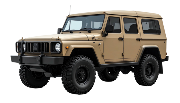 Tan off-road four-door, black wheels, boxy, rugged design