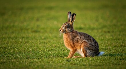 Fototapeta premium Brown hare sits alert in grassy field