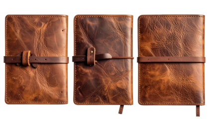 Three aged leather notebooks, textured, strapped shut