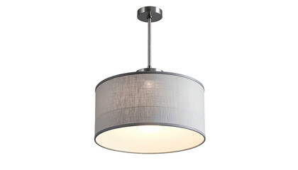 Lit drum shade pendant lamp hangs against a dark backdrop