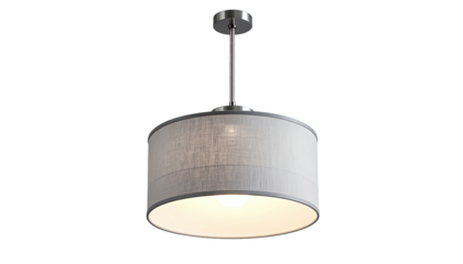 Lit drum shade pendant lamp hangs against a dark backdrop