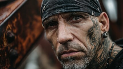 Obraz premium Rugged Tattooed Biker Portrait With Intense Gaze
