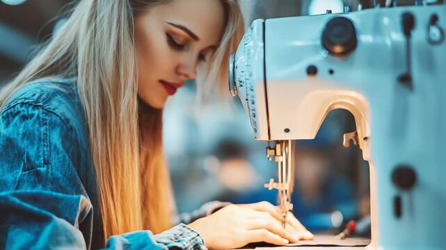 selective focus woman sewing at home