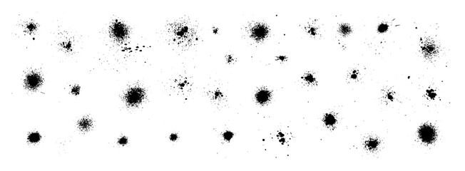 Spray paint splatter elements. Collection of graffiti vector ink dotted splashes. Grainy messy y2k style analog handmade gradients. Noise dust dirty drip texture. Speckled grit, stippled dots spatter