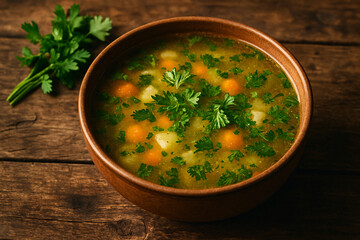 Healthy vegetable soup with fresh parsley for lunch on wooden table