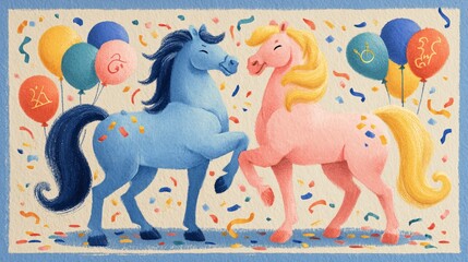 Colorful Celebration with Joyful Cartoon Horses in Festive Setting