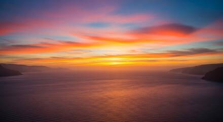 Obraz premium Scenic wide angle view captures vibrant sunset hues over calm ocean waters, silhouettes