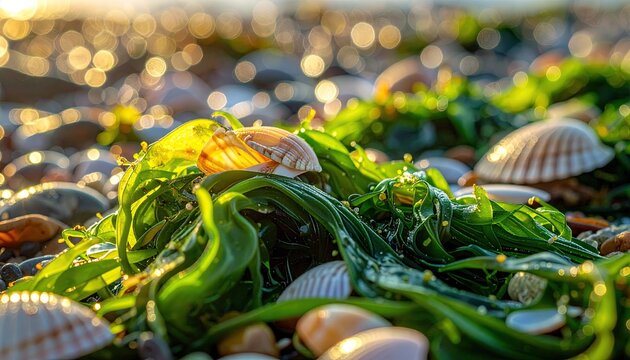 Close up of green seaweed and seashells on a pebble beach with golden sunlight and bokeh background during sunset