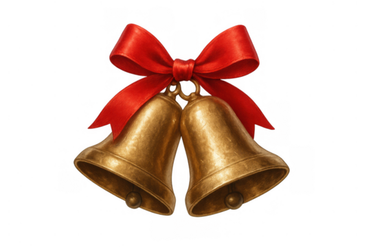 Golden jingle bells with a festive red ribbon bow, symbolizing christmas holiday spirit and traditional decoration on transparent background