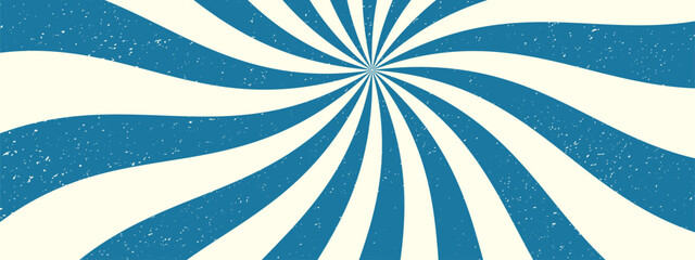 Retro sun ray background with groovy swirl pattern. Vintage starburst effect. Spiral wave pattern with grunge texture.