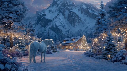 Serene Winter Landscape with Horse and Cozy Mountain Cabin