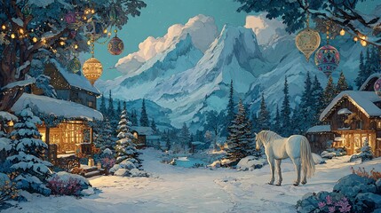 Serene Winter Landscape with Snowy Mountains and a White Horse