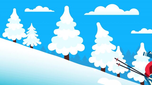Man and woman taking turns skiing downhill on a snowy mountain slope. Fun and active winter sports. Dynamic looping cartoon animation