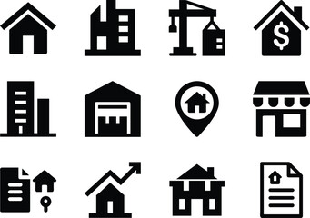 Modern real estate property icon set in bold line style, perfect for housing and business use.