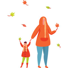 Mother And Daughter Holding Hands Surrounded By Falling Autumn Leaves In A Vibrant Orange Hoodie And Red Coat Against A White Background