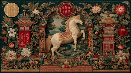 Intricate Artistic Horse Design Surrounded by Floral Patterns