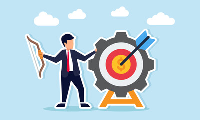 Businessman holding an arrow near a target board with gear style illustration of business management improvement goal