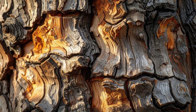 Close up of rough textured tree bark with warm golden light highlighting cracks and crevices