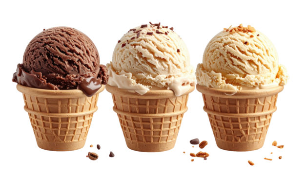 Three ice cream cones, each scoop a different flavor