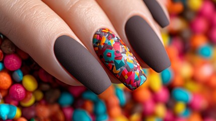 Elegant Matte Nail Art with Colorful Confetti Background Display