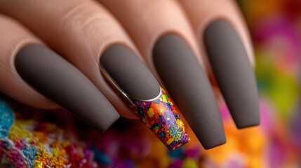 Stylish Matte Gray Nails with Colorful Floral Accent Design