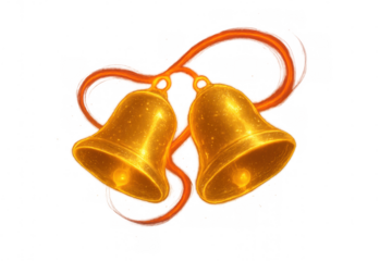 Golden bells ringing festive cheer and celebration with red ribbon, creating a holiday atmosphere
