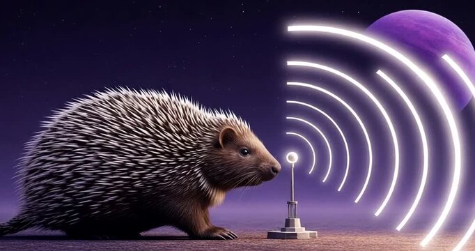 A hedgehog listening to a radio signal in space with a purple planet