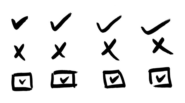 Check tick mark icon set. Cross box x check mark checkbox v list vector draw hand drawn sketch doodle brush marker checklist symbol wrong right circle.