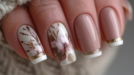 Elegant Nail Art Design with Floral Patterns and Soft Colors