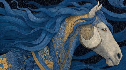 Majestic Blue Horse with Flowing Mane Against a Starry Background