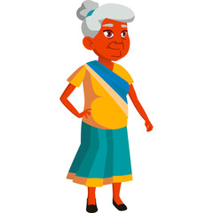 Elderly Indian Woman Cartoon Character Standing in Traditional Yellow Orange Tunic and Teal Skirt with Blue Saree Drape Detailed Vector Illustration