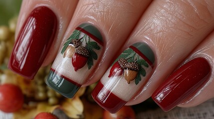 Creative and Festive Nail Art with Acorns and Holiday Colors