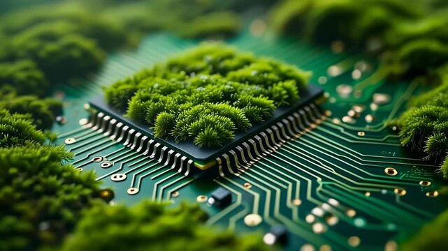 Macro shot vibrant green moss slowly spreading across a computer chip, roots intertwining 