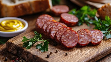 Close-up of sliced kielbasa on a wooden cutting board next to mustard and fresh rye bread ready for serving