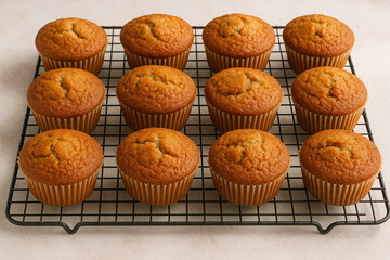 Freshly baked muffins cooling on a wire rack look deliciously inviting