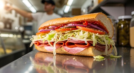 Delicious piled high Italian sub sandwich with fresh ingredients ready to eat