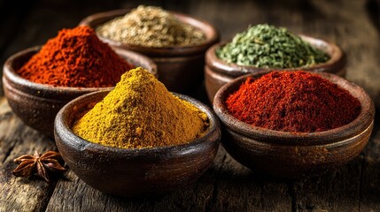 A collection of colorful vibrant spices in wooden bowls