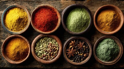 A collection of colorful spices in wooden bowls on a table