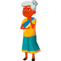 Elderly Indian Woman Standing With Orange Skin And Grey Hair Wearing A Yellow Saree With Blue Border And Teal Skirt Traditional Indian Attire Full Body View Cartoon Illustration