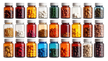 Array of medicine bottles filled with different pills and tablets